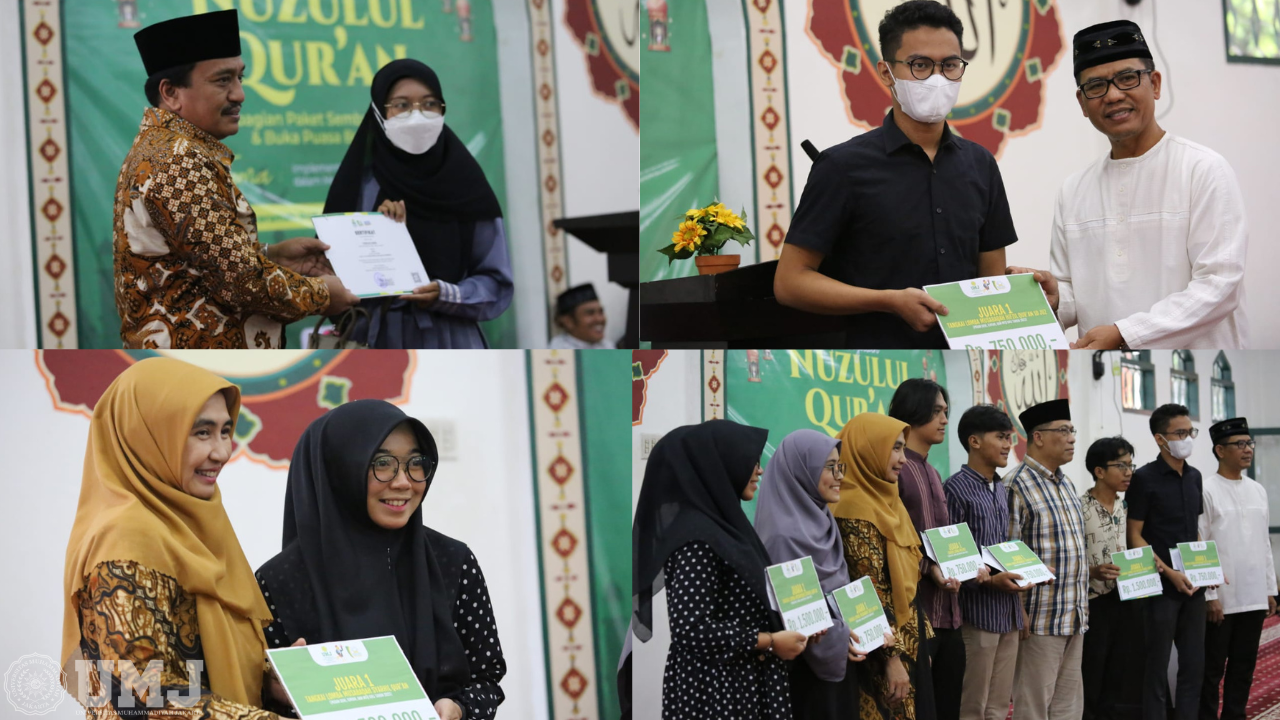 Rektor UMJ Dr. Ma'mun Murod, M.Si (kiri atas), Wakil Rektor I UMJ Dr. Muhammad Hadi, M.Kep. (kanan atas), Wakil Rektor III Dr. Rini Fatma Kartika, M.H. (kiri bawah) ketika acara penyerahan hadiah juara 1 PENSIL MTQ di Masjid At-Taqwa UMJ, Selasa, (11/04/2023).